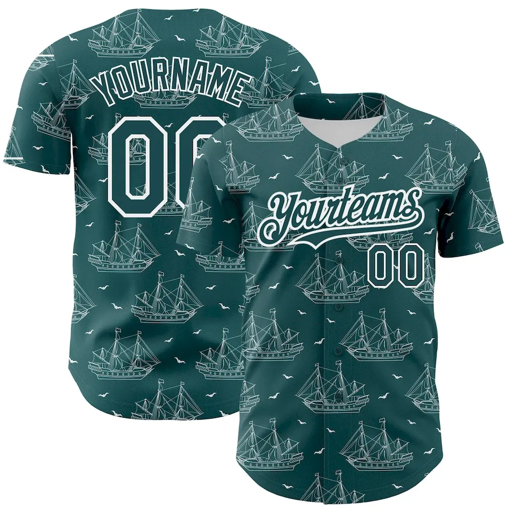 3DPattern2669_ed866fdb-1bc5-4fa9-a638-6d5da3704612.webp Custom Midnight Green White 3D Pattern Design Ship Frigate With Seagulls Authentic Baseball Jersey - Image 1