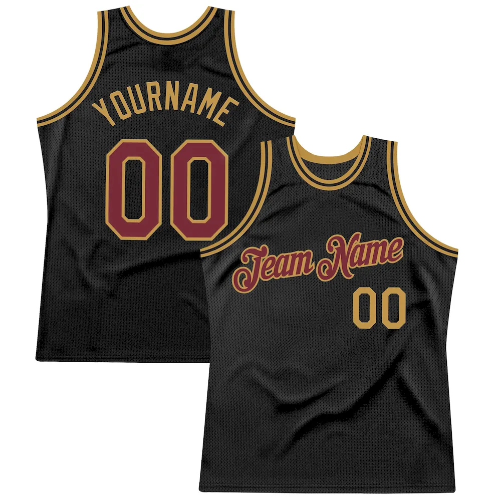 Black2580.webp Custom Black Burgundy-Old Gold Authentic Throwback Basketball Jersey - Image 1