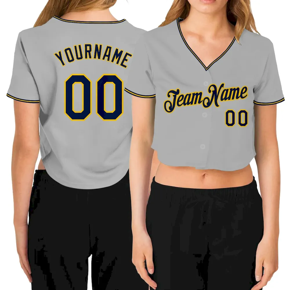 Cropped0266.webp Custom Women's Gray Navy-Gold V-Neck Cropped Baseball Jersey - Image 1
