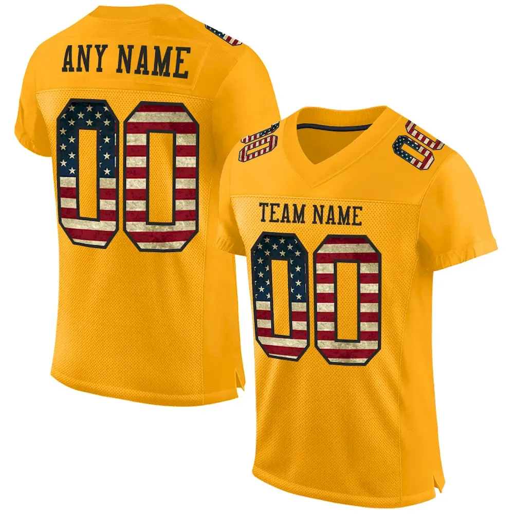 Gold0427.webp Custom Gold Vintage USA Flag-Black Mesh Authentic Football Jersey - Image 1