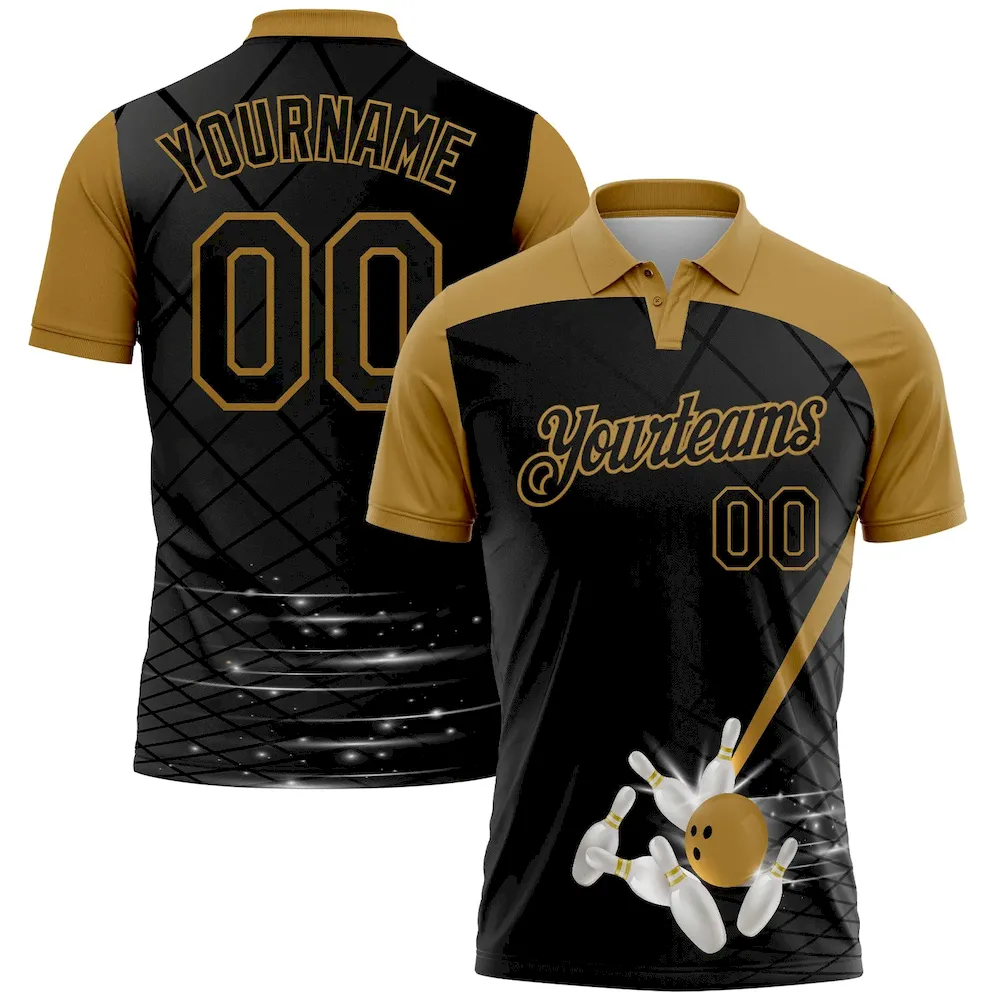 GolfPolo0352.webp Custom Black Old Gold 3D Pattern Design Bowling Performance Polo Shirt - Image 1
