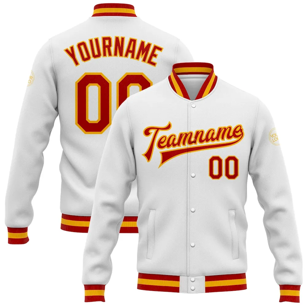 Jacket0406.webp Custom White Red-Gold Bomber Full-Snap Varsity Letterman Jacket - Image 1