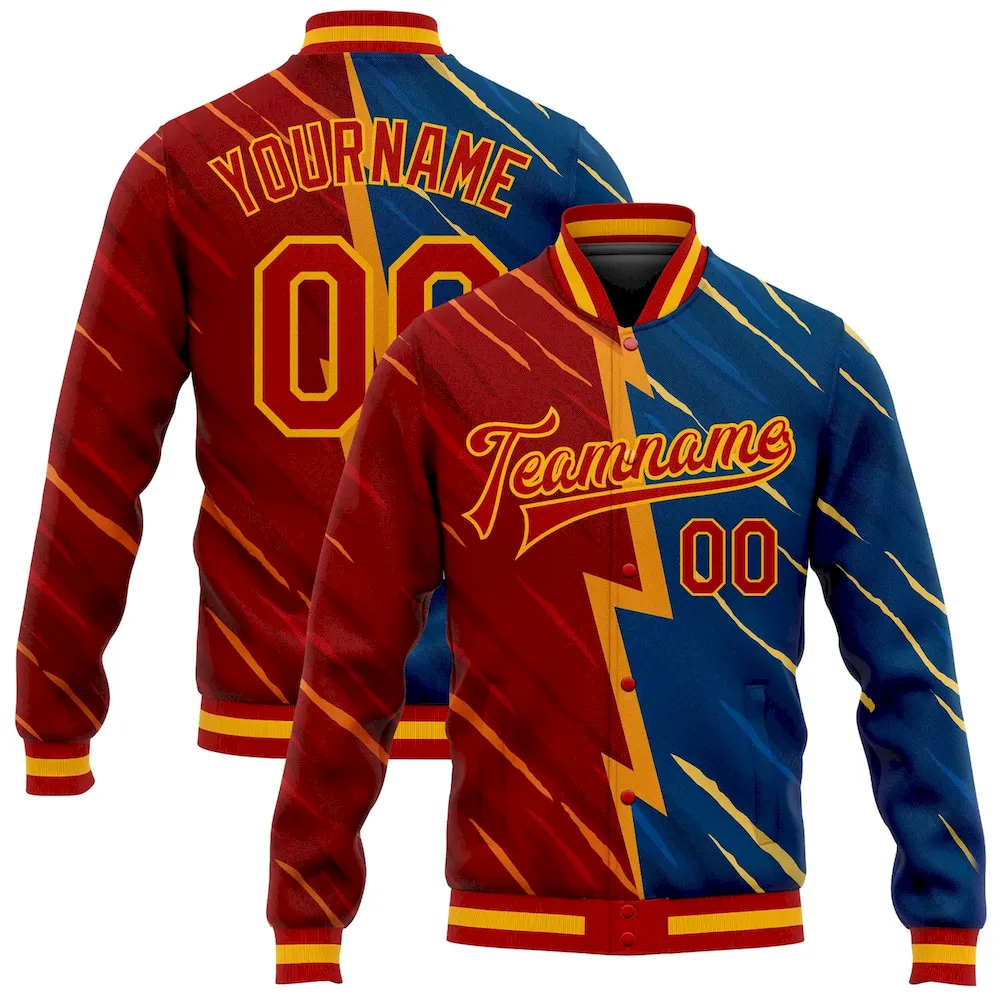 Jacket0463.webp Custom Navy Red-Gold 3D Pattern Design Bomber Full-Snap Varsity Letterman Jacket - Image 1
