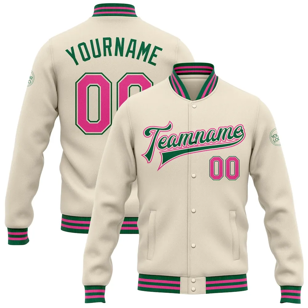 Jacket1162.webp Custom Cream Pink-Kelly Green Bomber Full-Snap Varsity Letterman Jacket - Image 1