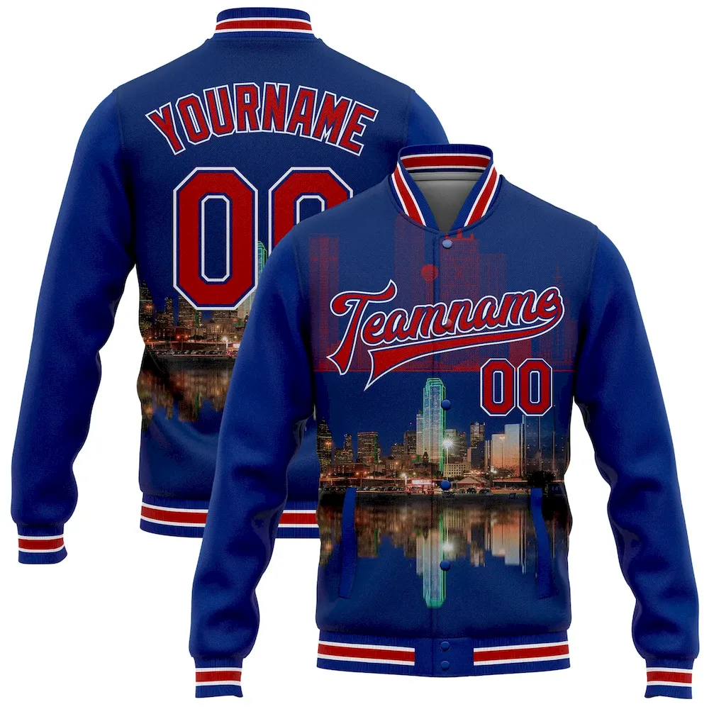 Jacket2856.webp Custom Royal Red-White Dallas Texas City Edition 3D Bomber Full-Snap Varsity Letterman Jacket - Image 1