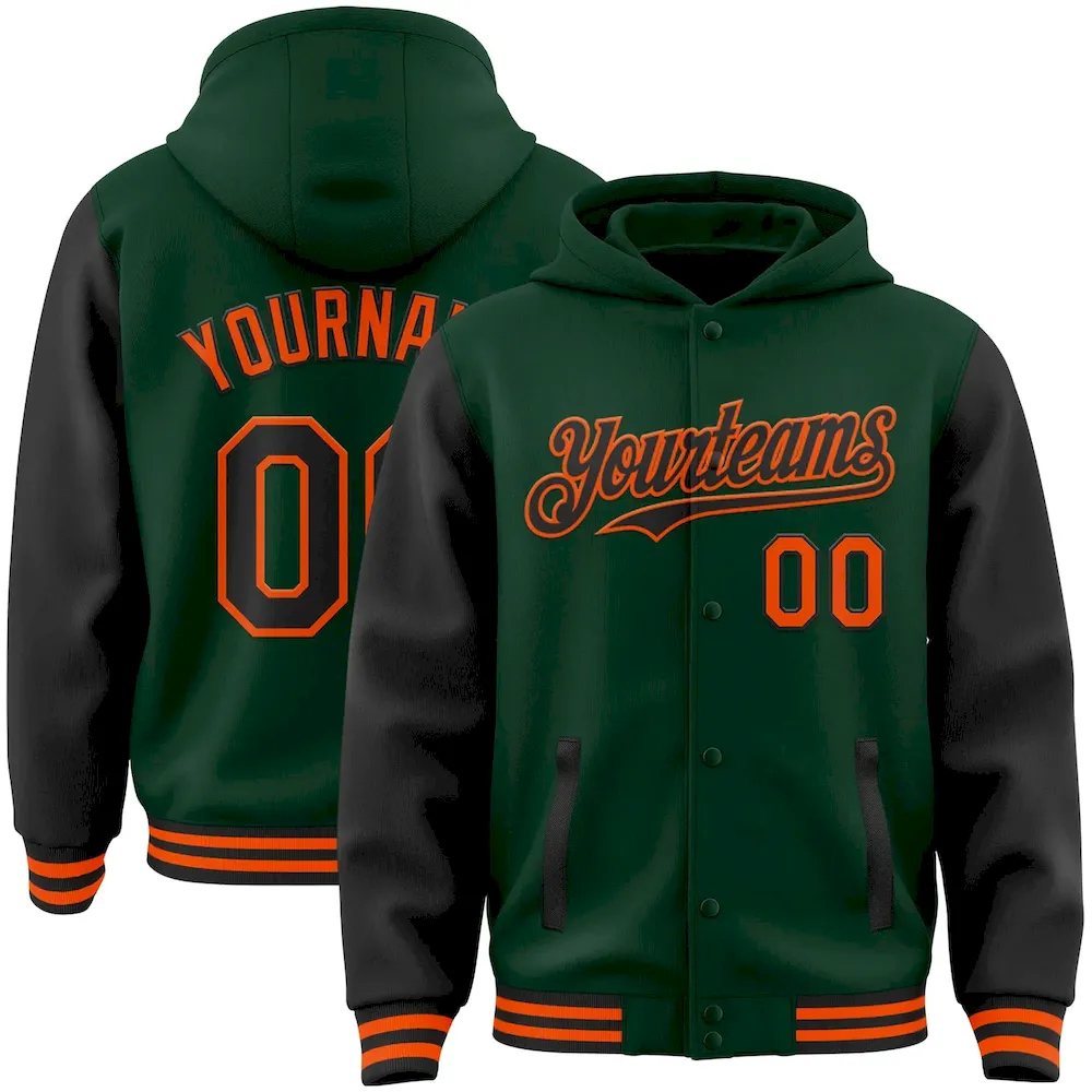 Jacket3708.webp Custom Green Black-Orange Bomber Full-Snap Varsity Letterman Two Tone Hoodie Jacket - Image 1