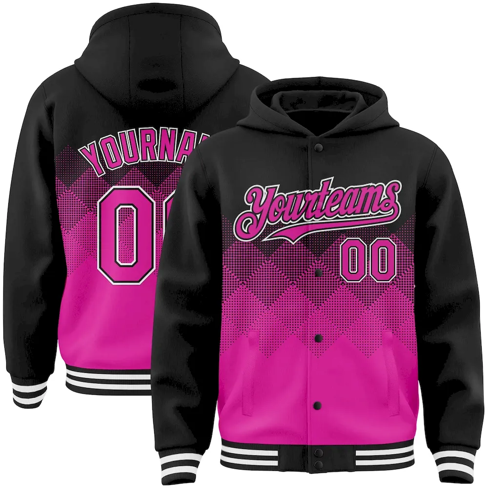 Jacket4371.webp Custom Black Deep Pink-White Gradient Square Shape 3D Pattern Design Bomber Full-Snap Varsity Letterman Hoodie Jacket - Image 1