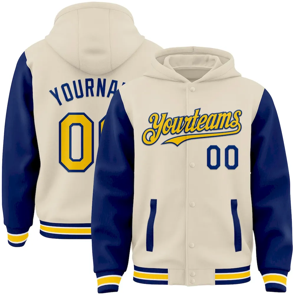Jacket4599.webp Custom Cream Yellow Royal-White Bomber Full-Snap Varsity Letterman Two Tone Hoodie Jacket - Image 1