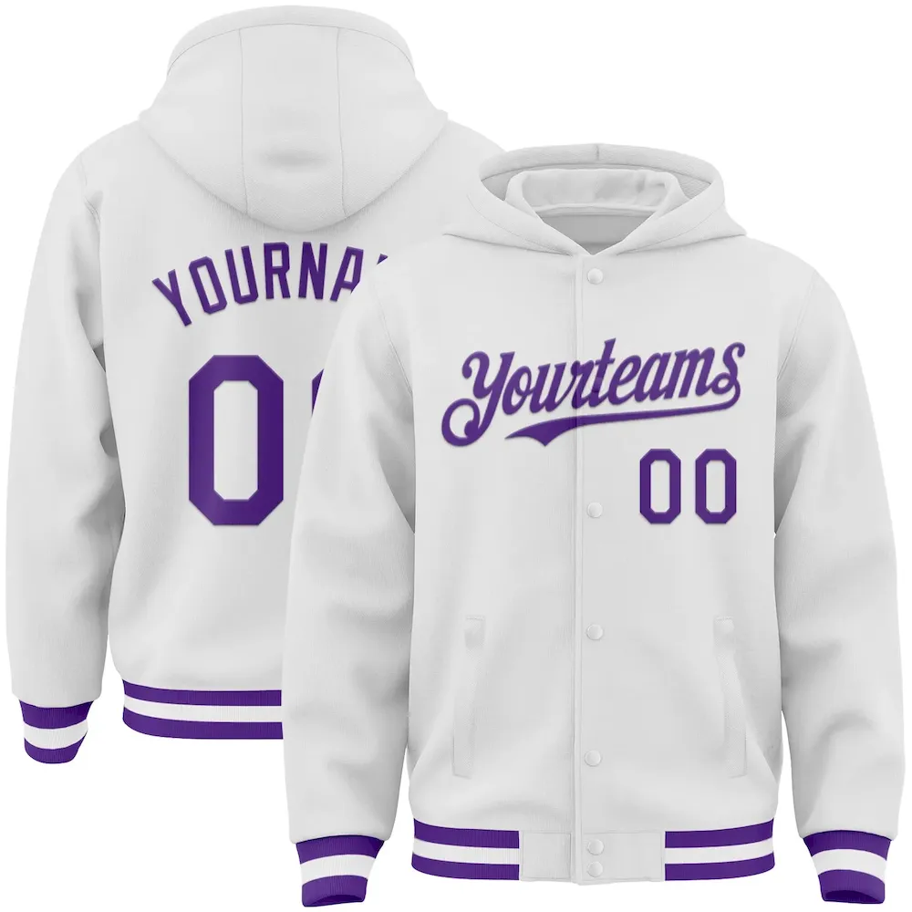 Jacket4826.webp Custom White Purple Bomber Full-Snap Varsity Letterman Hoodie Jacket - Image 1
