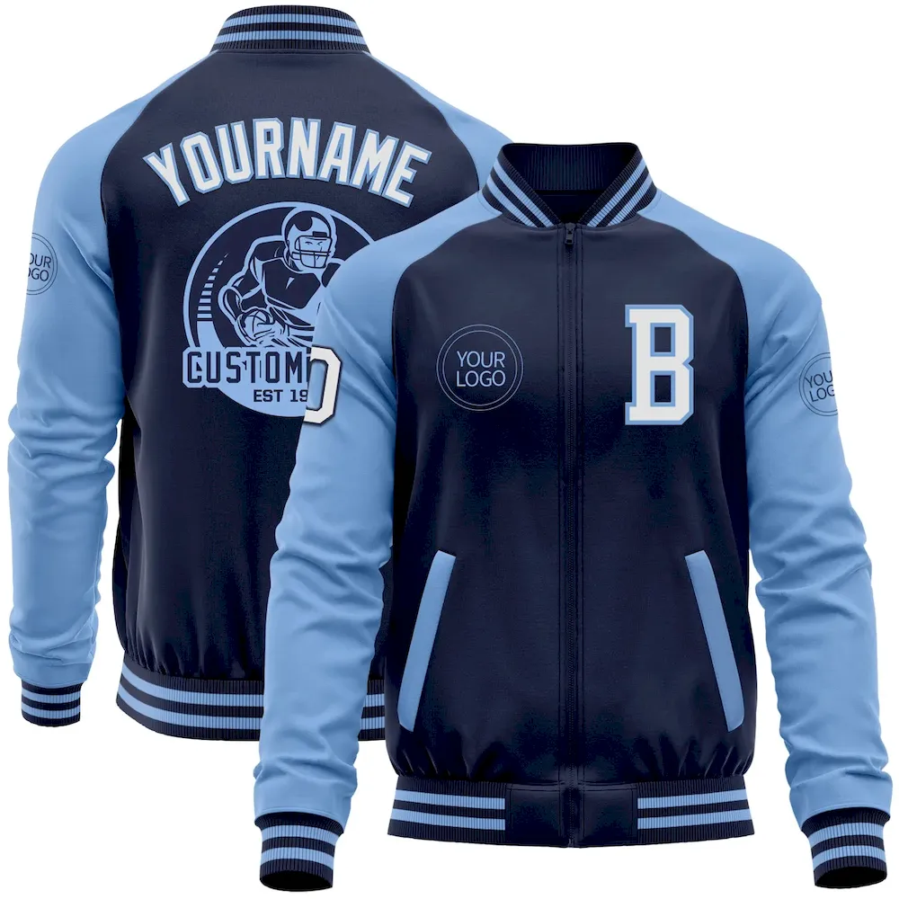 Jacket4989.webp Custom Navy White-Light Blue Bomber Varsity Letterman Two Tone Zipper Jacket - Image 1
