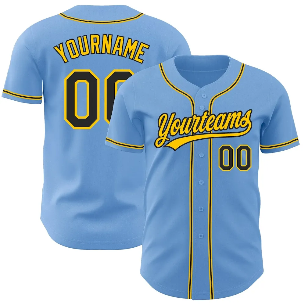 LightBlue0349.webp Custom Light Blue Black-Gold Authentic Baseball Jersey - Image 1